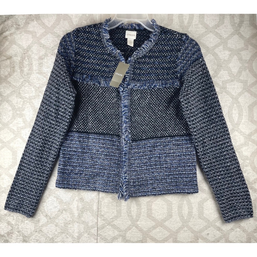 Chico's Fringed Franklin Cardigan Women 0 S Blue New Tweed Cotton Wool Sweater